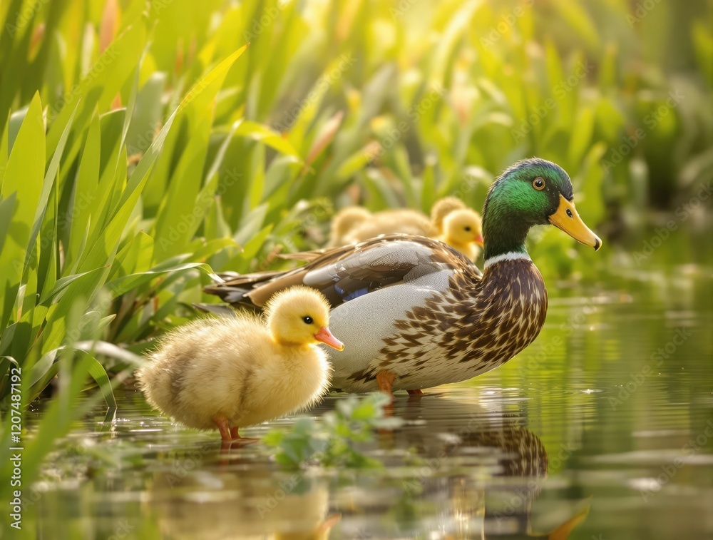 Fototapeta premium Close-up of a cute duckling following its mother through the reeds along the riverbank, mother duck, nature, family, reeds