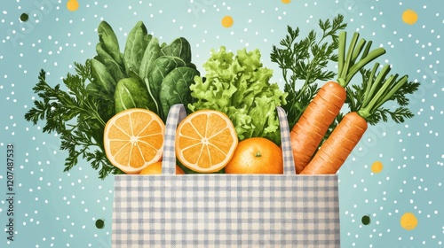 Vector reusable tote overflowing with fresh produce in pastel tones