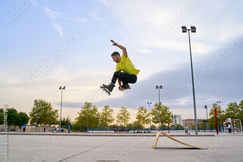 Billede på lærred Skater performing a high jump over a ramp at sunset