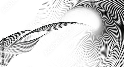 Flowing wave pattern featuring dynamic spiral dot particles and a halftone black gradient in a dynamic wave shape, representing concepts of technology, science, music with a touch of artistic fluidity