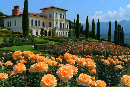 Picturesque Italian Villa nestled amongst vibrant orange rose garden, surrounded by lush greenery and stunning hills