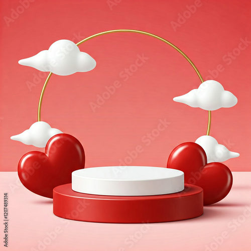 mini podium 3d product display with gold hearts and rings and clouds