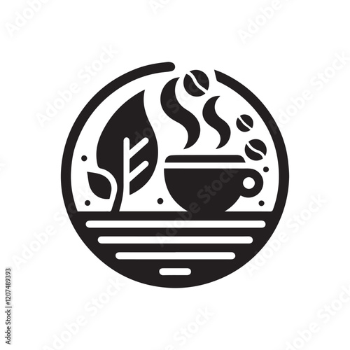 Coffee shop logo. Retro badge coffee bean and leaf branch with mountain natural icon line stamp logo vector design in vintage hipster modern style, premium coffee shop bar brand symbol icon