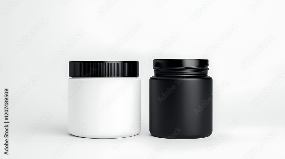White and Black Jars with Black Lids on White Background White and Black Jars with Black Lids on White Background