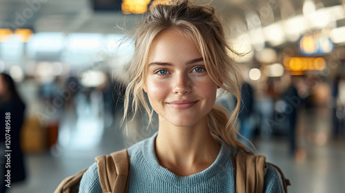 Free Download A serene portrait of a young woman at an airport, soft daylight emphasizing her friendly expression and cool-toned clothing.  - GFXLoad