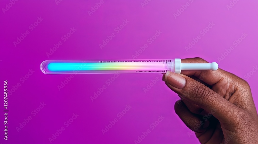 Health warning needs monitoring. Vibrant hand holding a glowing test tube against a purple background. Health warning needs monitoring. Vibrant hand holding a glowing test tube against a purple background.