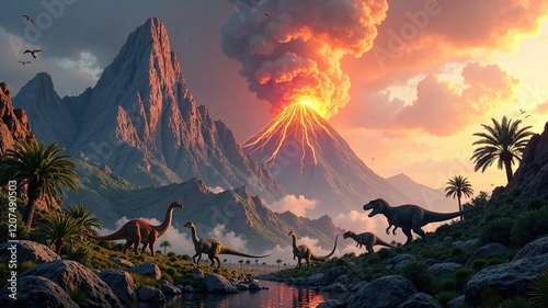 Prehistoric Volcanoes, Dinosaur Landscape, Epic Scene photo