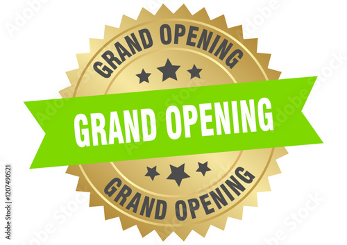 grand opening. grand opening round green and gold label isolated on transparent background