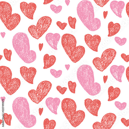 Hearts crayon drawn seamless pattern. Valentines day repeat background painting by chalk. Love symbols endless backdrop. Surface pattern design romantic date motif. Vector hand drawn illustration.