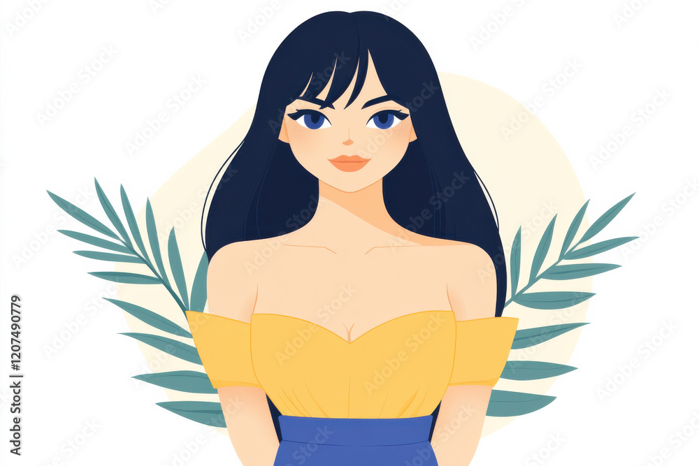 A woman with long hair and a yellow and blue dress A woman with long hair and a yellow and blue dress