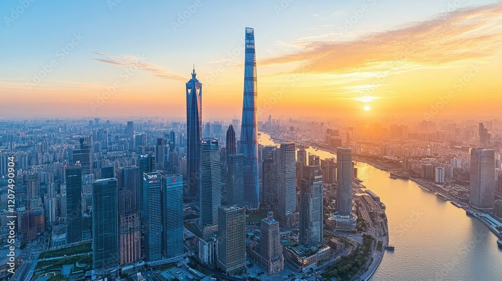 Naklejka premium Aerial view of futuristic cityscape at sunset, highlighting abstract skyscraper geometry with reflective glass surfaces and sharp angles