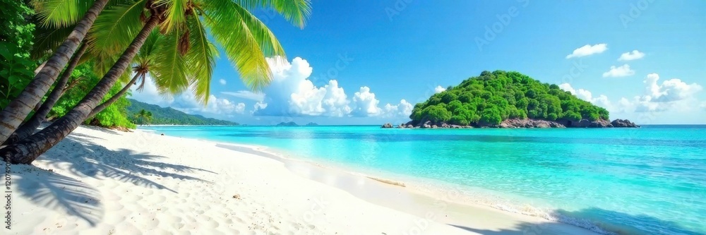 Fototapeta premium White sand beach, turquoise water, lush island backdrop, beautiful, palm trees