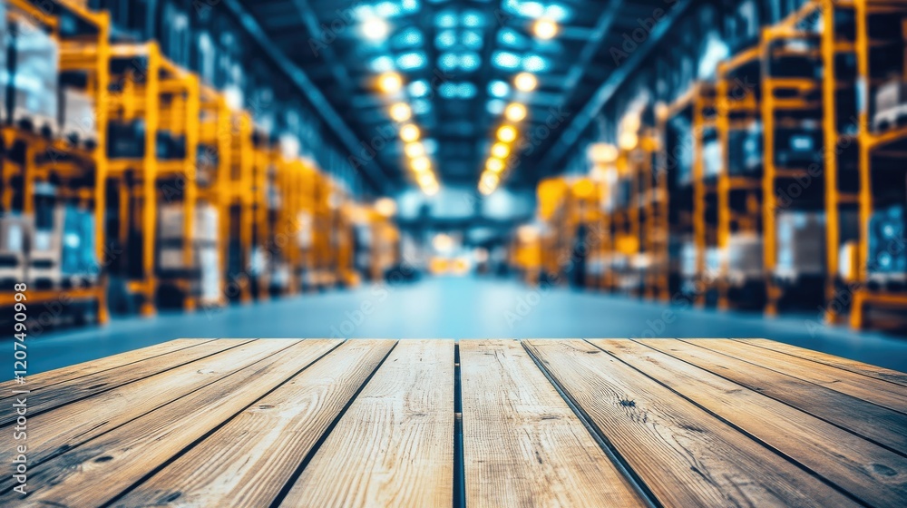 An empty wooden tabletop in the foreground with a blurred warehouse storage background, creating a vibrant and professional logistics-themed image An empty wooden tabletop in the foreground with a blurred warehouse storage background, creating a vibrant and professional logistics-themed image