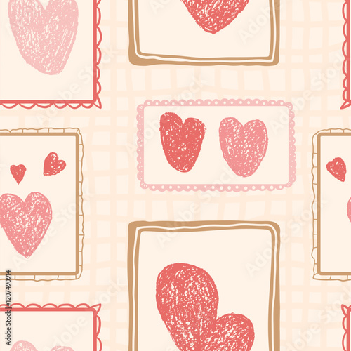 Hearts crayon drawn seamless pattern. Valentines day rectangular frames with love symbols repeat background. Vintage farmhouse backdrop. Romantic date motif. Vector hand drawn illustration.