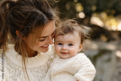 Smiling Mother and Baby in Cozy Sweaters
