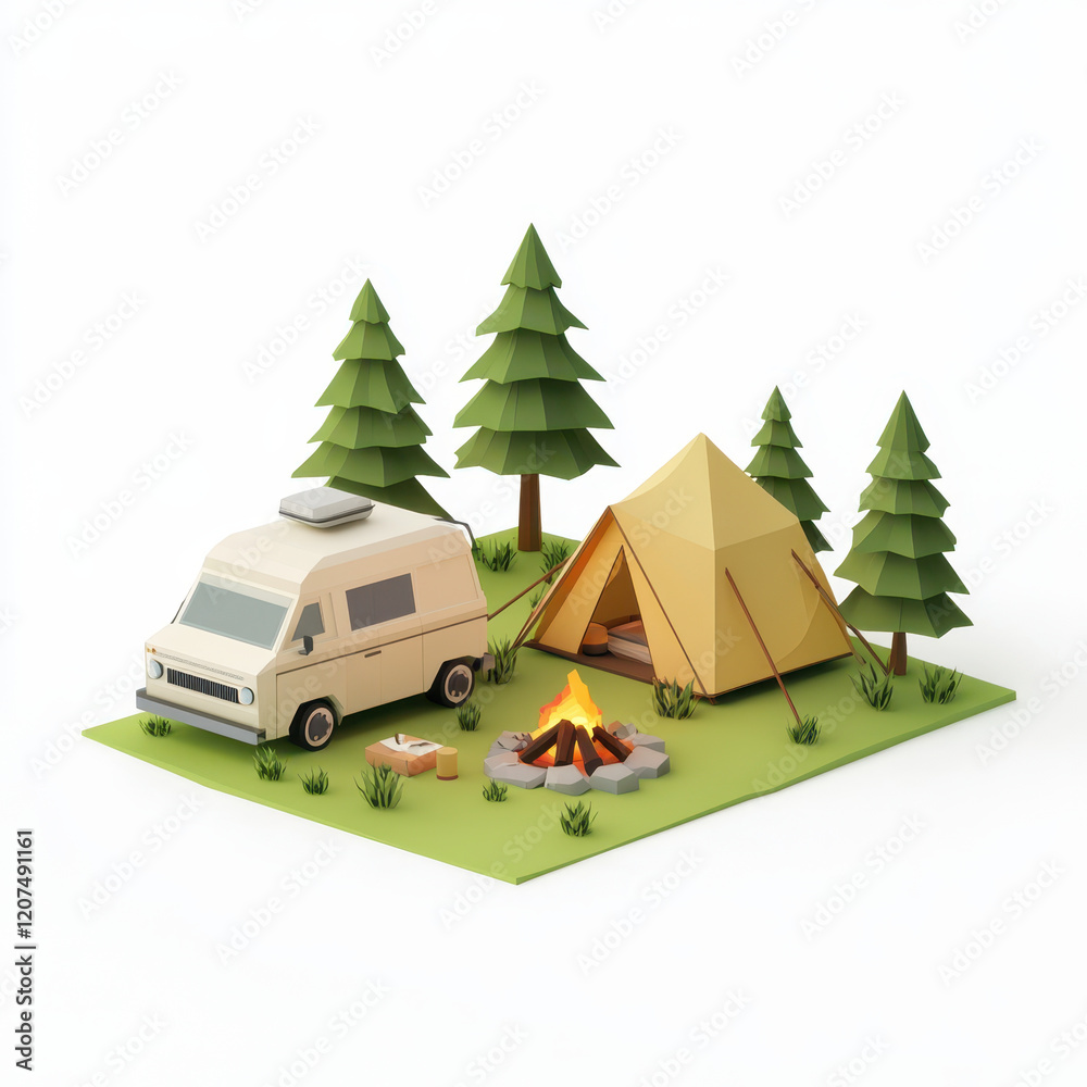 Obraz premium Low poly camper setup with tent, van, and bonfire in nature on white background