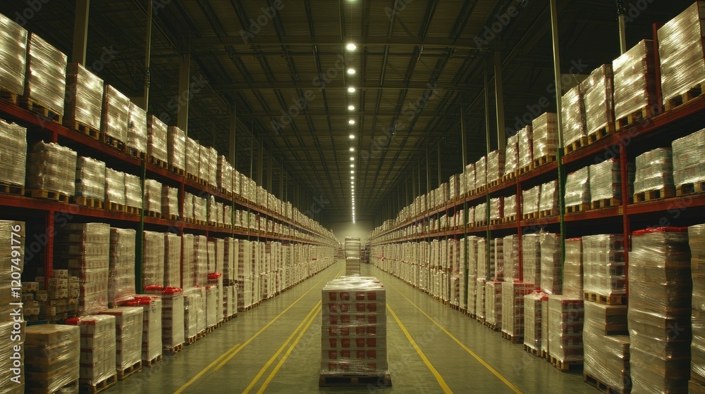 Artistic nighttime warehouse view with glowing lights highlighting the depth of aisles and organized rows of pallets for logistics and storage Artistic nighttime warehouse view with glowing lights highlighting the depth of aisles and organized rows of pallets for logistics and storage
