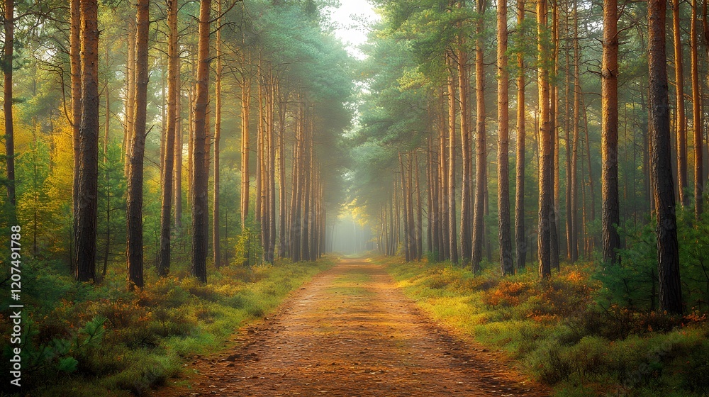 Fototapeta premium Mysterious forest scene shows tall pine trees shrouded in morning mist. Ethereal light filters through fog-covered woodland, creating moody atmosphere along forest path with fallen leaves.