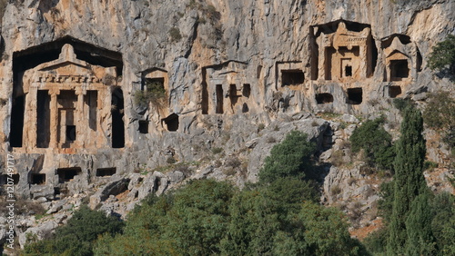 ancient rock tombs next to dalyan river historic lycian graves kaunos fethiye turkey
