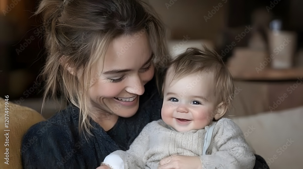 Happy mother holding baby, smiling, home interior, moving boxes Happy mother holding baby, smiling, home interior, moving boxes