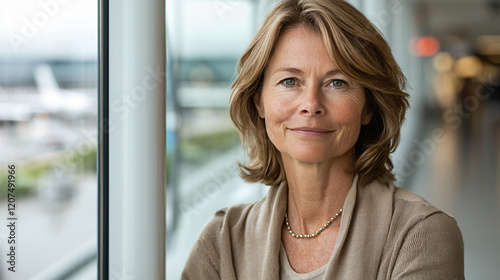 Free Download A calm portrait of a traveler by an airport window, her neutral-toned attire blending with the soft daylight ambiance. - GFXLoad