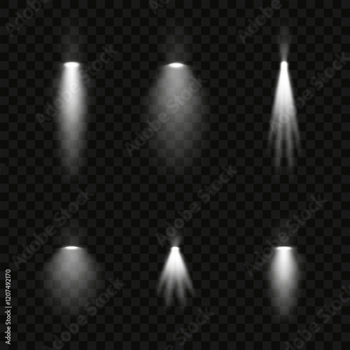 A set of white spotlight effects on a dark background. Collection of vector flares. White glare. Vector illustration EPS10