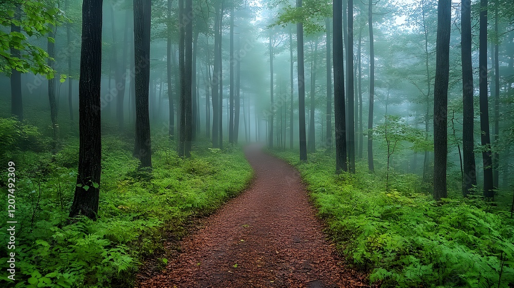 Obraz premium Mysterious forest scene shows tall pine trees shrouded in morning mist. Ethereal light filters through fog-covered woodland, creating moody atmosphere along forest path with fallen leaves.