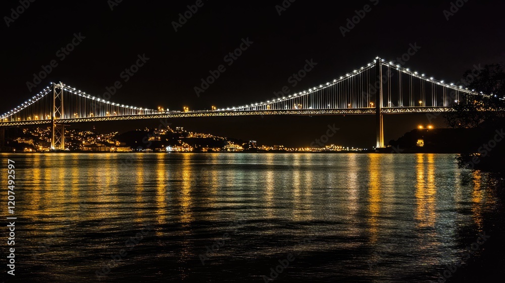 Bridge lights illuminating the night, with the Vasco da Gama Bridge stretching across the tranquil Tagus River in Lisbon Bridge lights illuminating the night, with the Vasco da Gama Bridge stretching across the tranquil Tagus River in Lisbon