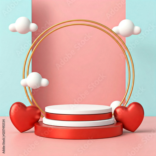 mini podium 3d product display with gold hearts and rings and clouds