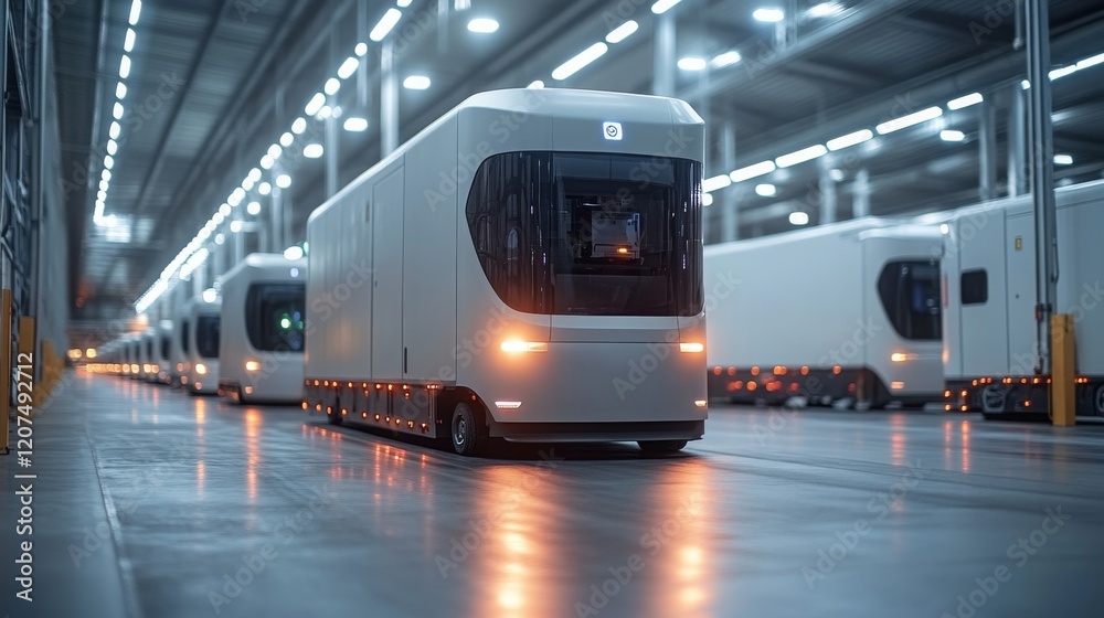 Obraz premium Autonomous mobile robots efficiently loading and unloading goods in modern warehouse environment