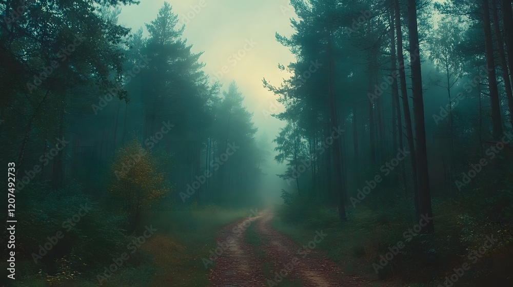 Obraz premium Mysterious forest scene shows tall pine trees shrouded in morning mist. Ethereal light filters through fog-covered woodland, creating moody atmosphere along forest path with fallen leaves.