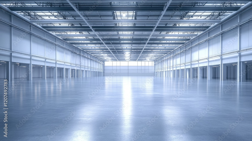 Bright and modern storehouse interior with high ceilings, polished concrete floors, and wide-open spaces, emphasizing industrial elegance