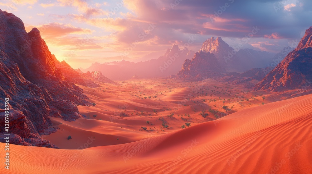 Fototapeta premium Serene Sunset Over a Quiet Desert Landscape with Warm Hues