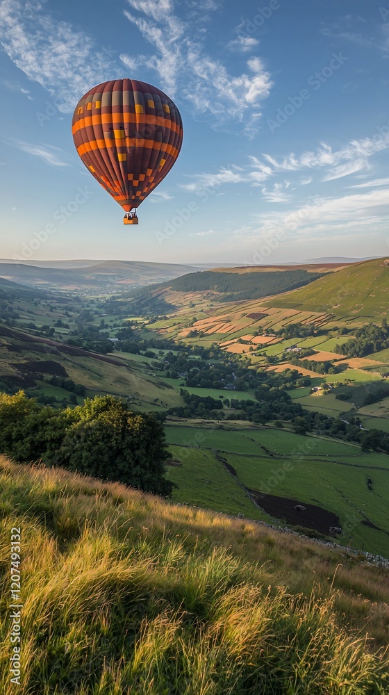 Fototapeta premium Hot air balloon soaring over idyllic valley landscape at sunrise.