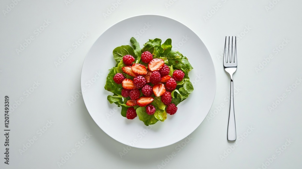 Fresh Berry Salad on Plate with Fork on Minimalistic Background Fresh Berry Salad on Plate with Fork on Minimalistic Background