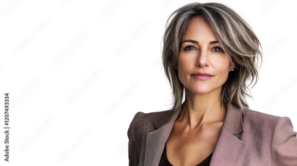Confident woman with stylish gray hair, wearing a modern blazer, poses against a white background, showcasing professionalism and elegance. Confident woman with stylish gray hair, wearing a modern blazer, poses against a white background, showcasing professionalism and elegance.