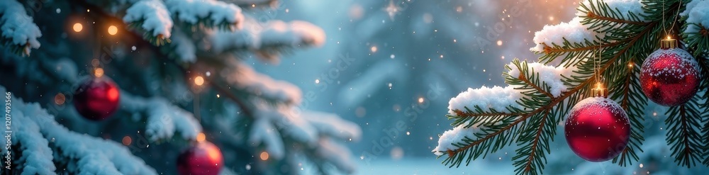 Obraz premium Sparkling snow-covered pine branches with ornaments , conifer, tree, branches