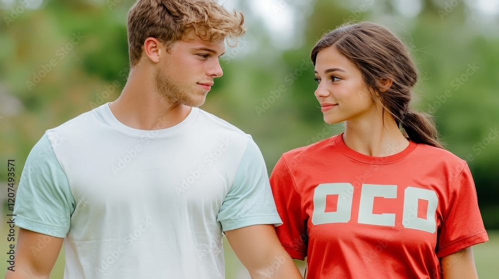 Naklejka premium A couple wearing matching red and white jerseys with bold numbers on the back holding hands while walking through a sunny park 