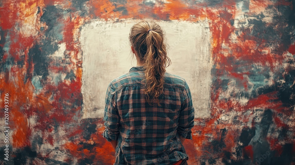 Obraz premium Person in Quiet Studio Standing Before Blank Canvas Background