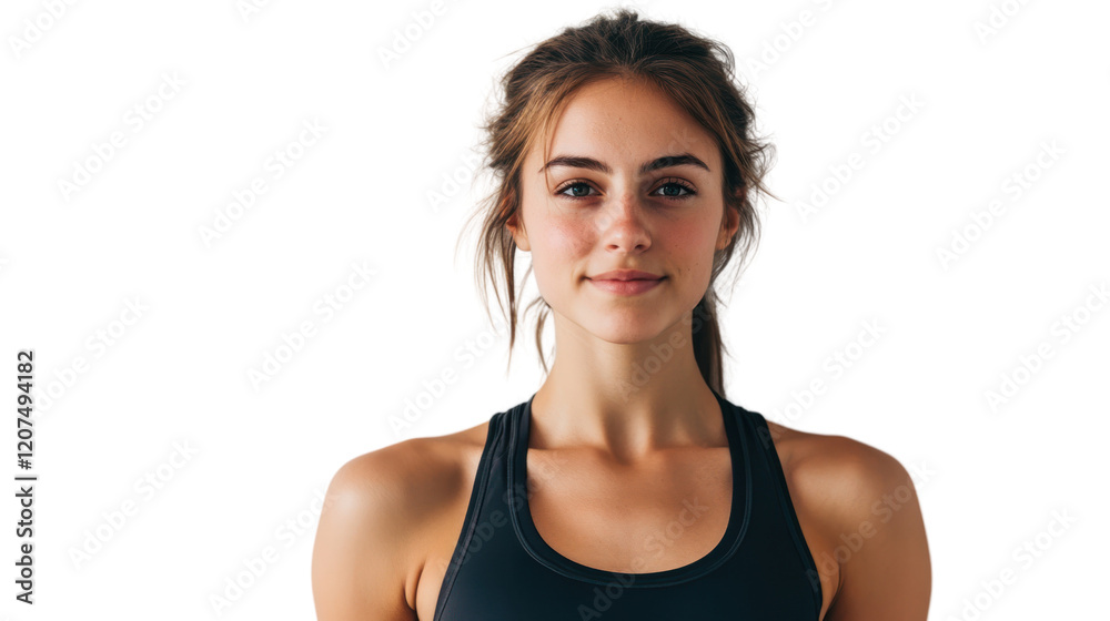 Confident young woman in athletic wear, smiling at the camera. Perfect for wellness, fitness, and lifestyle imagery. Isolated on white background. Confident young woman in athletic wear, smiling at the camera. Perfect for wellness, fitness, and lifestyle imagery. Isolated on white background.