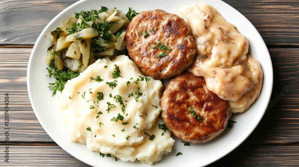 A plate of kotleti (meat patties) served with mashed potatoes and a side of pickled cabbage rare classic Soviet Union food everyday meal A plate of kotleti (meat patties) served with mashed potatoes and a side of pickled cabbage rare classic Soviet Union food everyday meal