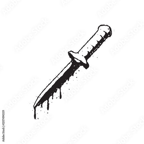 Grunge knife with dripping blood concept. Vintage bloody knife illustration, vector.