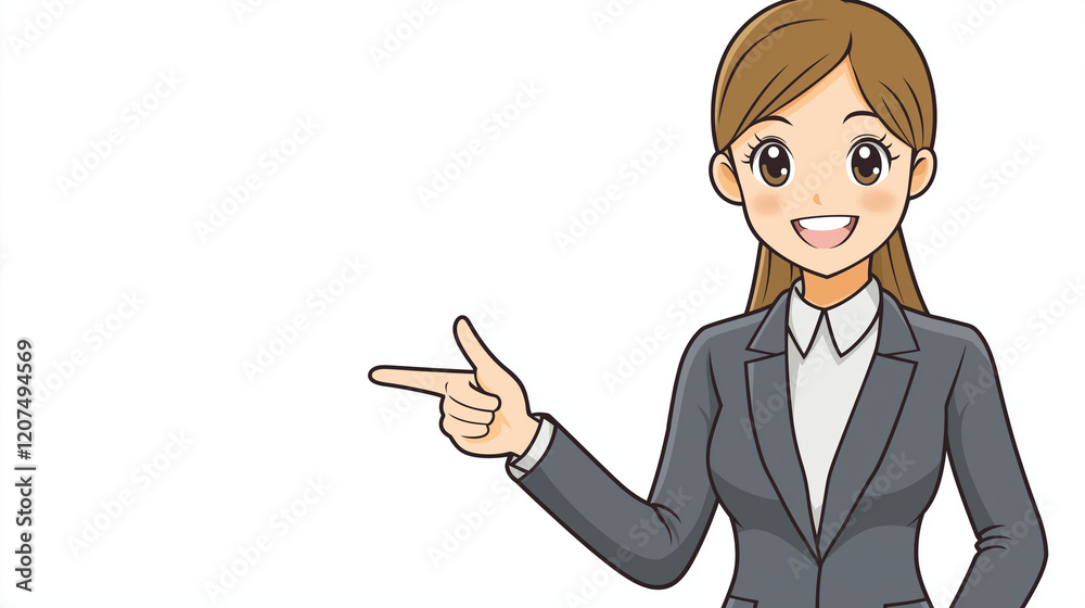 Cheerful Female Businesswoman Pointing Gesture Anime Style Professional Illustration Cheerful Female Businesswoman Pointing Gesture Anime Style Professional Illustration