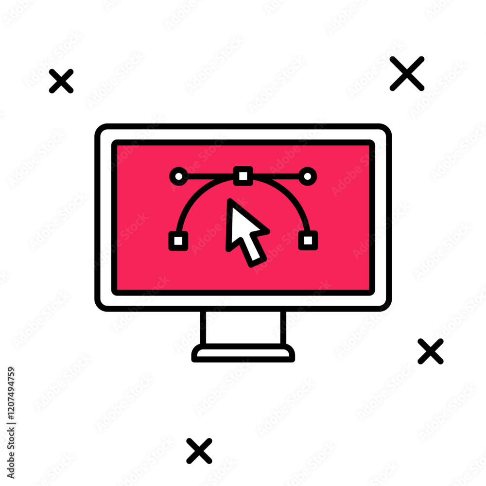 Filled outline Computer display with vector design program icon isolated on isolated on white background. Photo editor software with user interface. Vector Filled outline Computer display with vector design program icon isolated on isolated on white background. Photo editor software with user interface. Vector