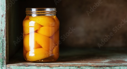 Jar of preserved peaches on a rustic wooden shelf