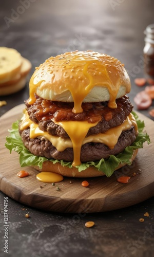 Beef patty topped with melted cheddar cheese and sweet caramelized sauce, dinner, meaty
