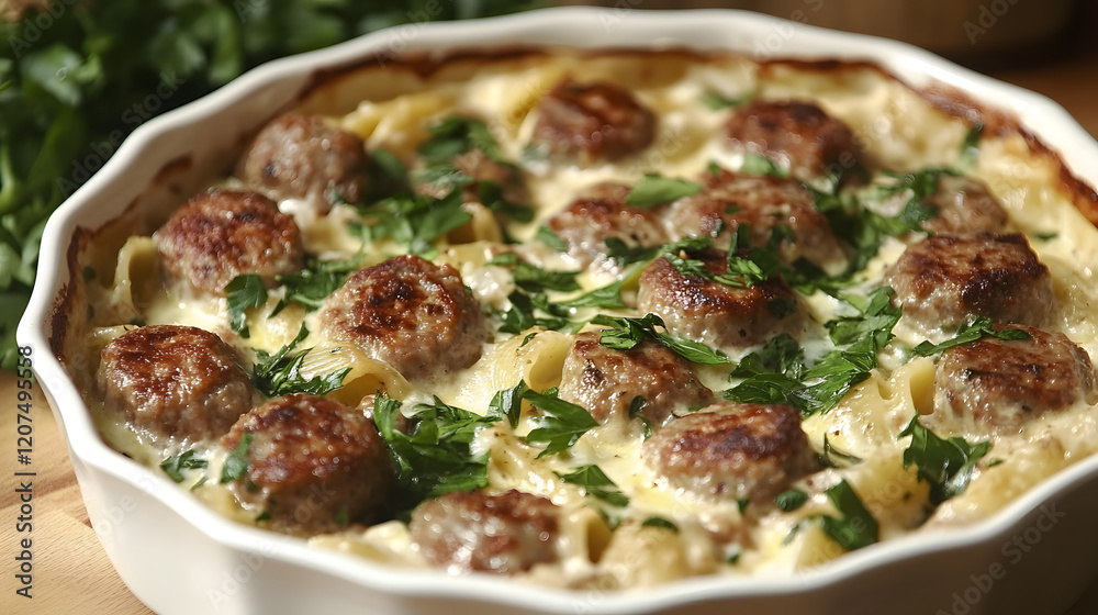 Cheesy sausage pasta in creamy white sauce with fresh herbs, baked to perfection in round dish. dish is garnished with parsley, adding touch of color and flavor Cheesy sausage pasta in creamy white sauce with fresh herbs, baked to perfection in round dish. dish is garnished with parsley, adding touch of color and flavor