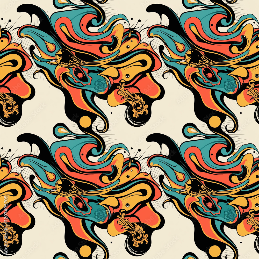 Curly hand painted seamless patterns with waves and abstract shapes, clean bold colors Curly hand painted seamless patterns with waves and abstract shapes, clean bold colors