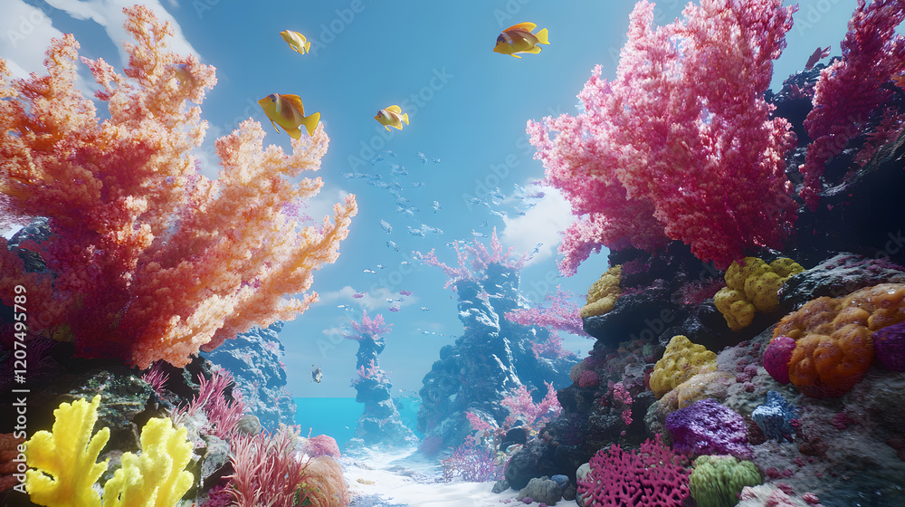 Naklejka premium vibrant coral reef underwater scene with exotic fish swimming among colorful corals, showcasing beauty and diversity of marine life in clear blue ocean