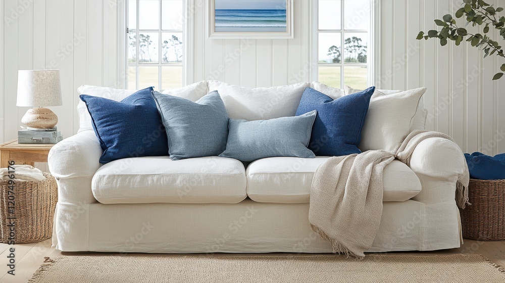 Breezy Beachside Living Room with Comfortable Linen Sofa and Decor Breezy Beachside Living Room with Comfortable Linen Sofa and Decor
